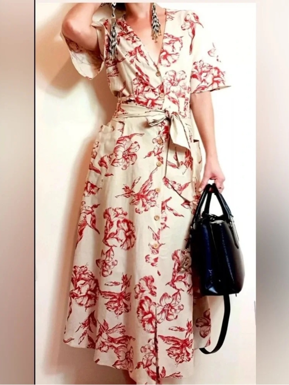 Zara Botanical Floral Print Linen Blend Belted Midi Button Dress XS